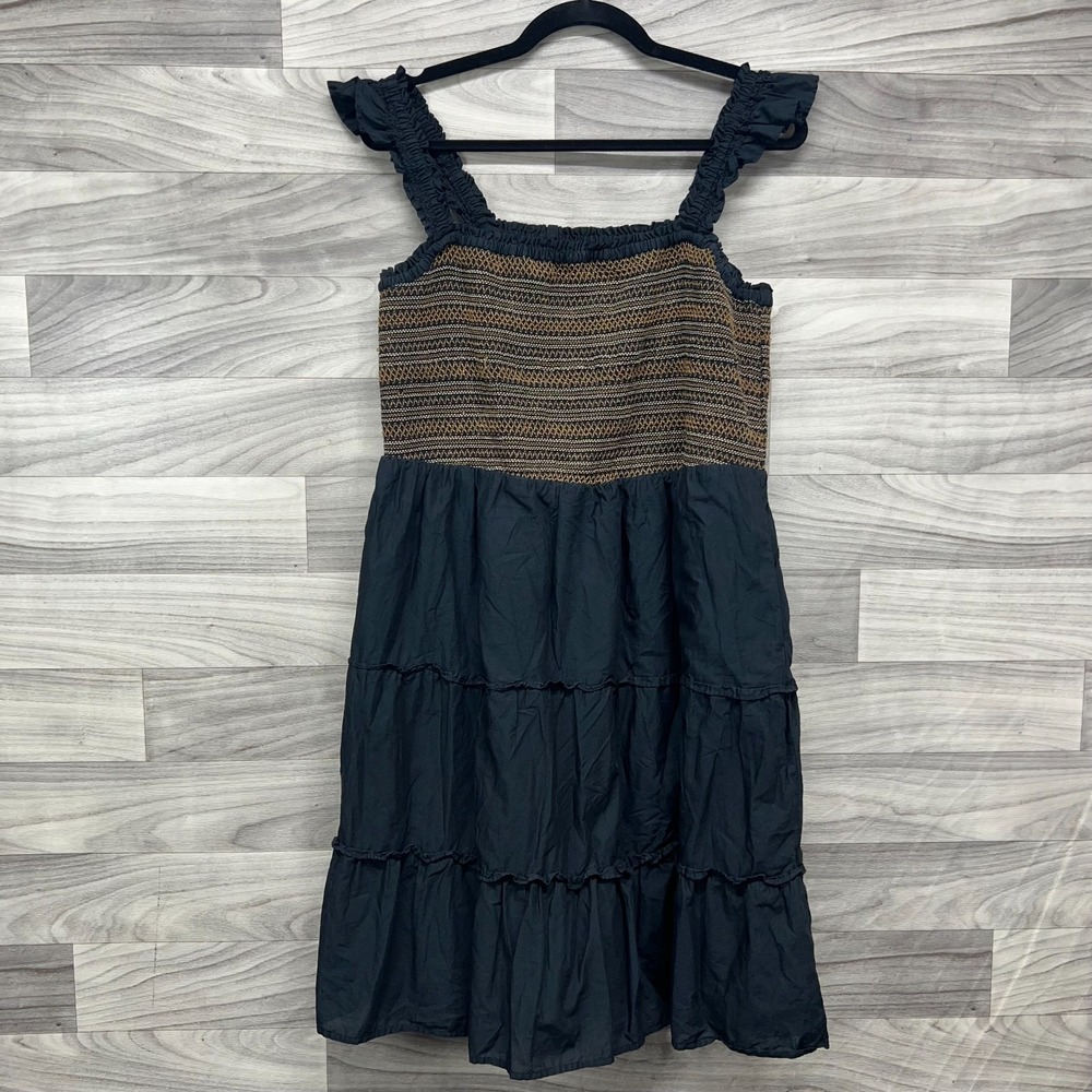 J. Crew Mini Dress Women's XL Black Smocked Flutter Straps Tiered Square Neck
